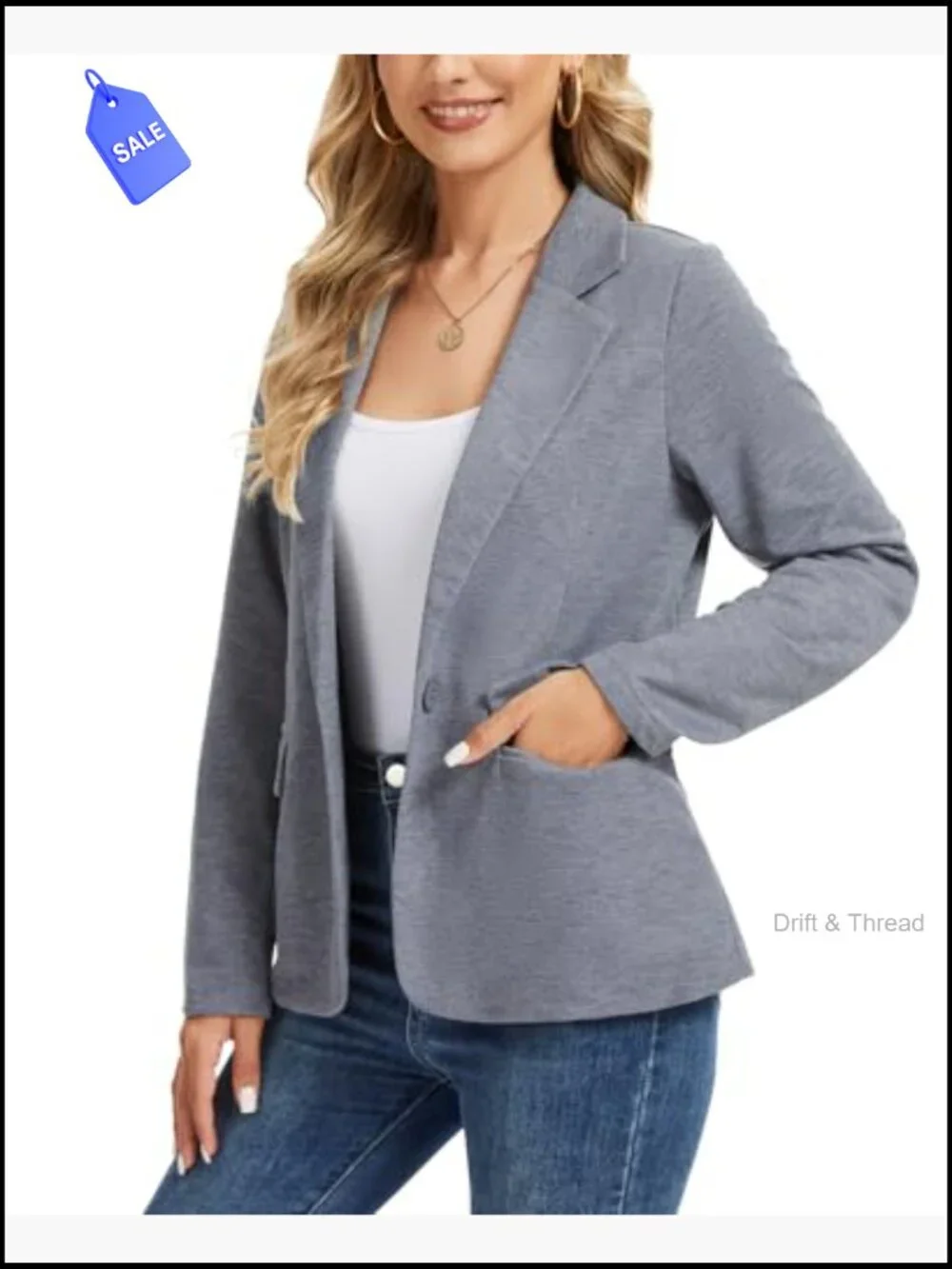 Long Sleeve Jersey Knit Blazer with Pockets, Notch Collar, Office Casual - Picture 2 of 7